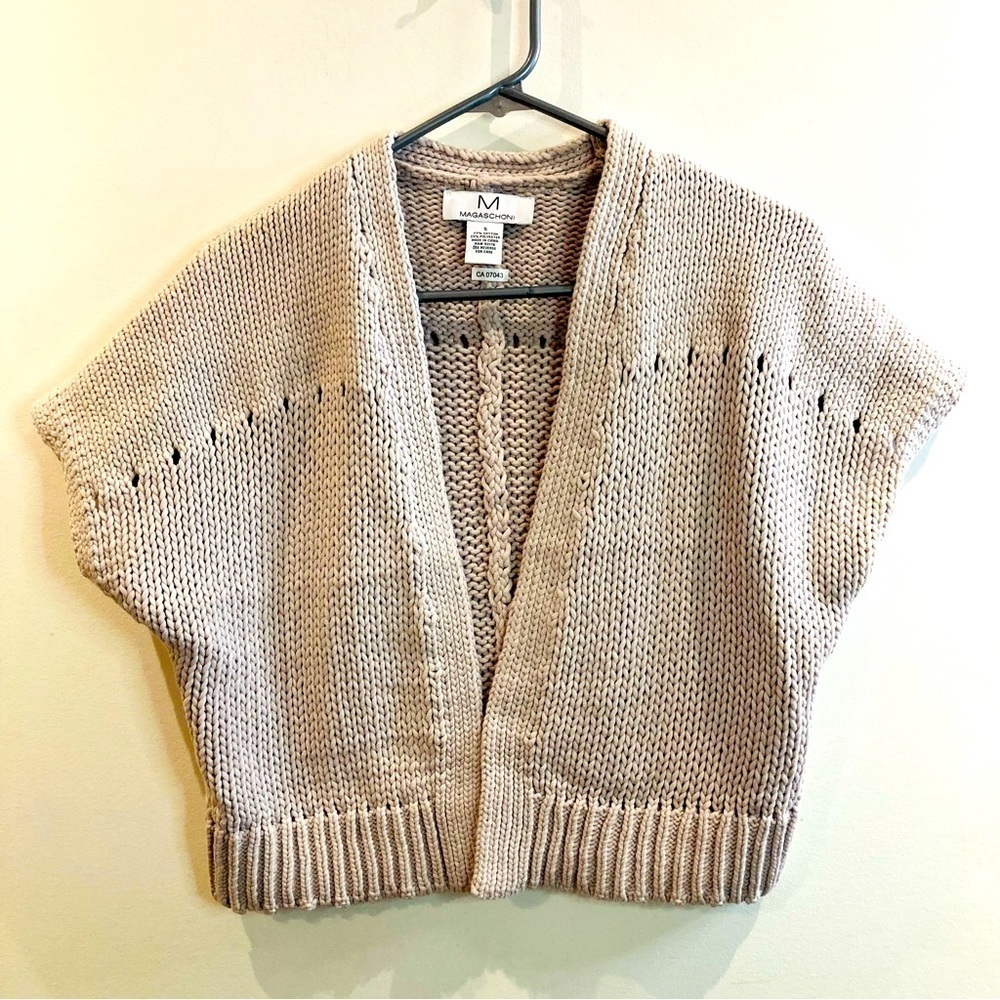 MAGASCHONI Sz S Open Front Drop Shoulder Super Soft Knit Cropped Ribbed Hem Vest
